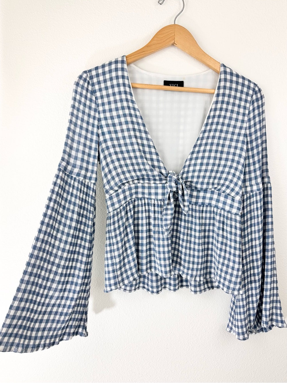 Blue and White Gingham Bell Sleeve Front Tie Top Medium Country Chic Cropped